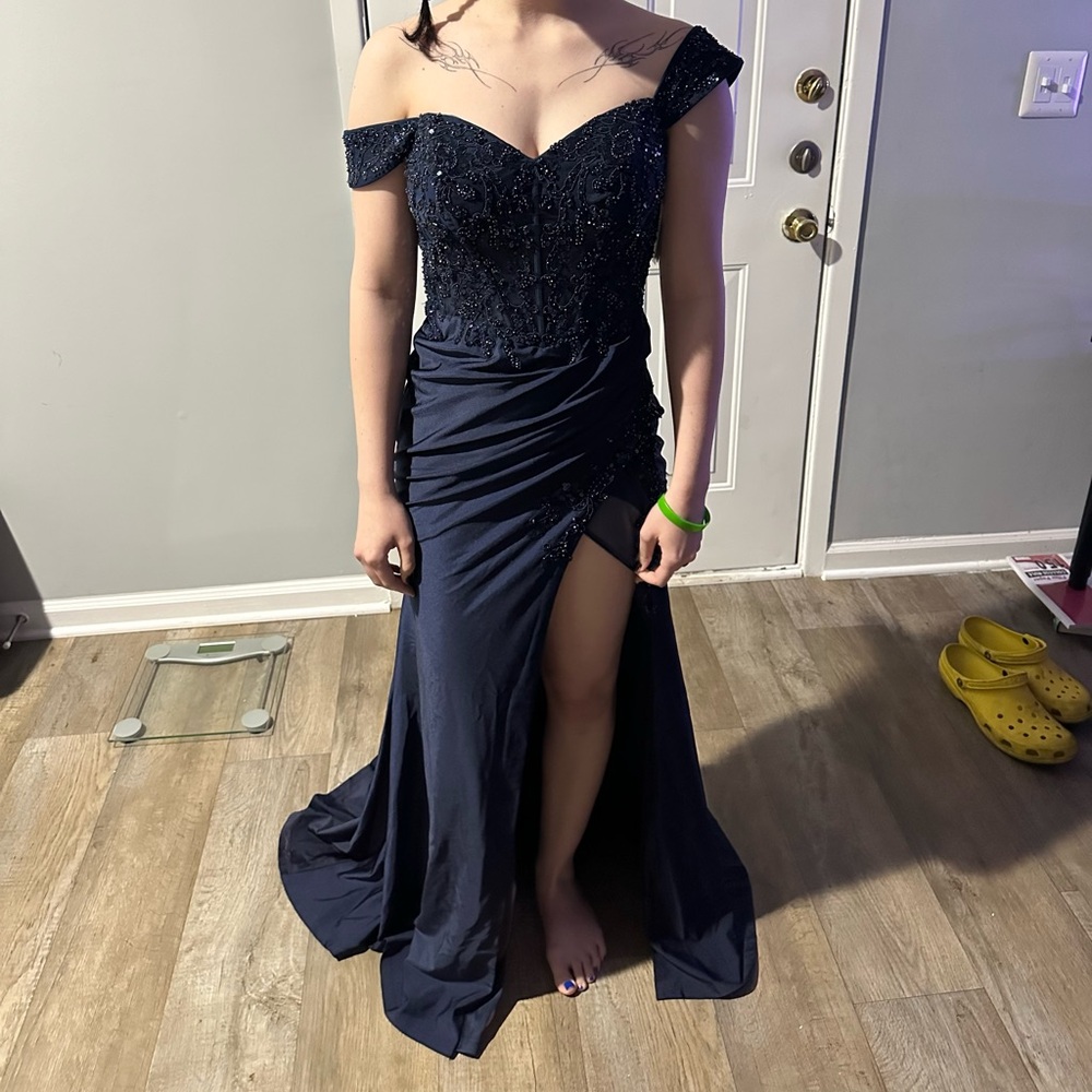 David's Bridal Blue Sequin Ruched Gown